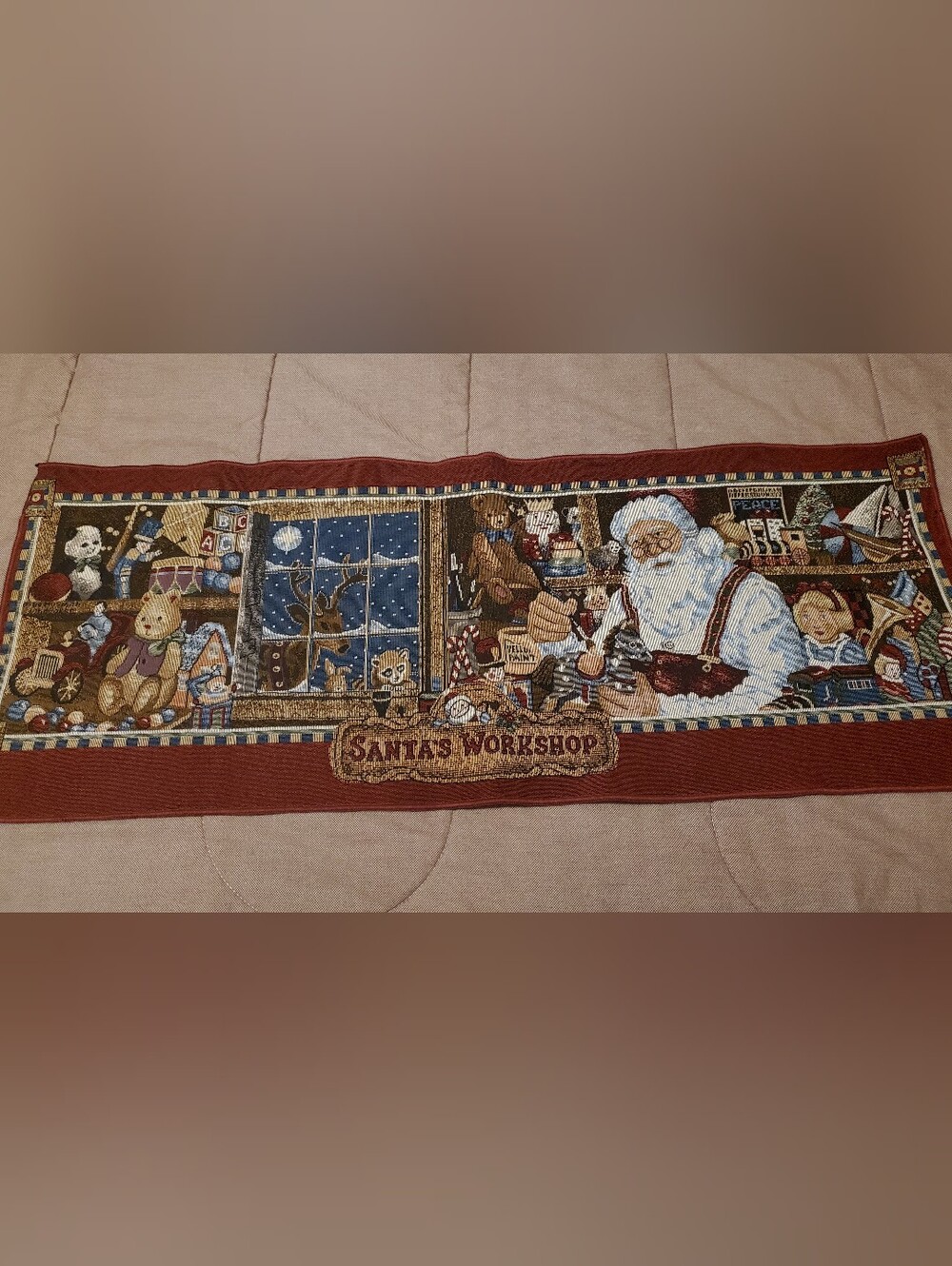 Vintage Tapestry Christmas Table Runner Santa Work Shop
